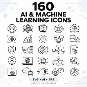 Puede incluir: Una colección de 160 iconos de arte lineal negro que representan conceptos de IA y aprendizaje automático, incluyendo cerebros, robots, microchips, nubes y estructuras de datos. El texto dice 160 AI & MACHINE LEARNING ICONS, SVG, AI, EPS, 8 SHEETS, 20 ICONS EACH.