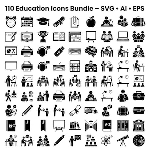 Könnte beinhalten: Eine Sammlung von 110 schwarz-weißen Bildsymbolen zum Thema Bildung, darunter ein Hut, eine Urkunde, ein Apfel, Bücher, ein Laptop und ein Schulgebäude. Die Icons sind in den Formaten SVG, AI und EPS verfügbar.