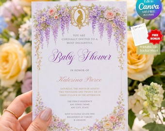 Bridgerton Wisteria Baby Shower Invitation, Regency Floral Garden Party, Editable Canva Template,  Instant Download