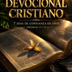 May include: An open book with gold-colored pages, featuring the text "DEVOCIONAL CRISTIANO" in gold lettering. The book is adorned with a golden leaf and the text "7 DIAS DE CONFIANZA EN DIOS" and "JEREMIAS 17:7-8".