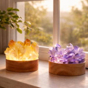 Peut inclure: Deux lampes en cristal sont posées sur un rebord de fenêtre. L'une présente des cristaux jaunes, l'autre violets. Les deux sont posées sur des socles en bois et éclairées par de petites lumières. Les lampes sont près d'une fenêtre.