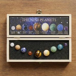 Nine Planets Agate Gemstone Sphere Set Gift in Wooden Box Multiple Sizes