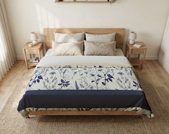 Funda nórdica de algodón con estampado floral botánico azul / Detalles de rayas azul marino / Decoración de dormitorio / Día de la Madre / Regalo para mamá / Regalo para ella