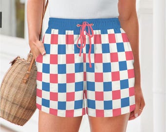 Women's Drawstring Pocket Shorts, Pink Blue White Checkered Summer Shorts, Casual Lounge Shorts, Mid Rise Elastic Waist Shorts, Cute Shorts