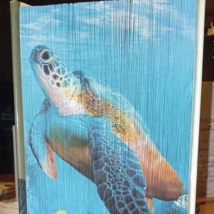 May include: A book cover with a blue and green image of a sea turtle swimming in the ocean. The turtle is surrounded by coral reefs and fish. The book cover is made of folded paper.