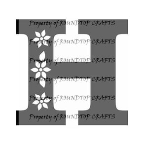 May include: A gray letter "H" design with white floral accents. The text "Property of ROUNDTOP CRAFTS" is repeated throughout the design. The design is on a white background.