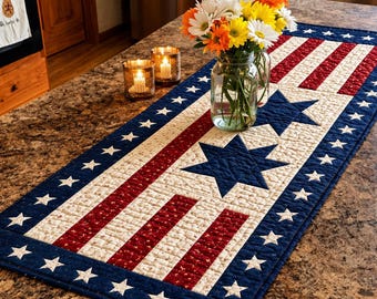 Camino de mesa con la bandera estadounidense, camino de mesa patriótico, decoración del 4 de julio, decoración de mesa con la bandera de EE. UU., decoración del Día de los Caídos, decoración estilo granja americana