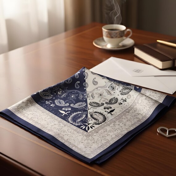 Navy Blue & White Paisley Silk Scarf, 21 display picture 3