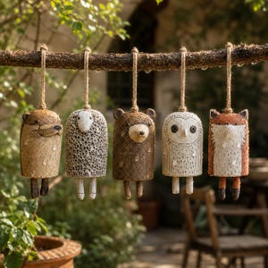 May include: Five hanging ceramic animal ornaments: a hedgehog, sheep, bear, owl, and fox. Each has a unique design and is suspended by a jute string from a tree branch. The ornaments are brown, white, and orange.