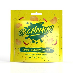 May include: A yellow package of "Oy Chamoy!" sour mango bites candy. The package features a green splash design with the text "SOUR MANGO BITES" and "SWEET AND SPICY CANDY". The net weight is 4 oz.