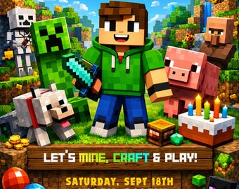 Modèle d'invitation d'anniversaire pixel gaming modifiable | Invitation style bloc | Carte d'anniversaire à imprimer | Compatible Canva | Téléchargement instantané
