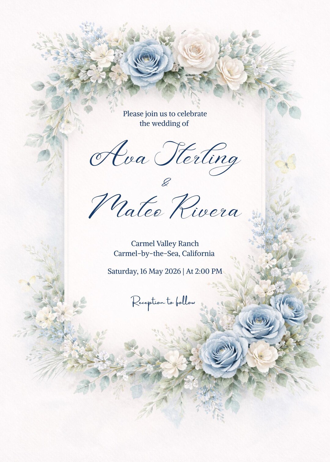 Blue Rose Wedding Invitation, Romantic Floral Template (5x7 Digital ...