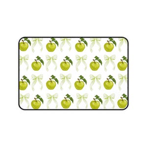 Green Apple Pattern Desk Mat | Watercolor Fruit & Bow Mouse Pad