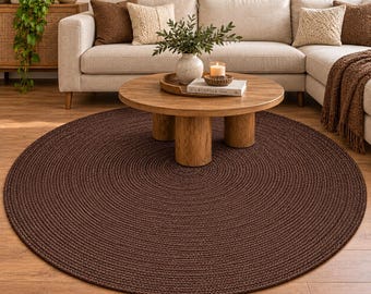 Dark Brown Round Jute Rug, Handwoven Braided Area Rug, Boho Farmhouse Rustic Carpet, Natural Fiber Circular Rug, Living Room Entryway Decor