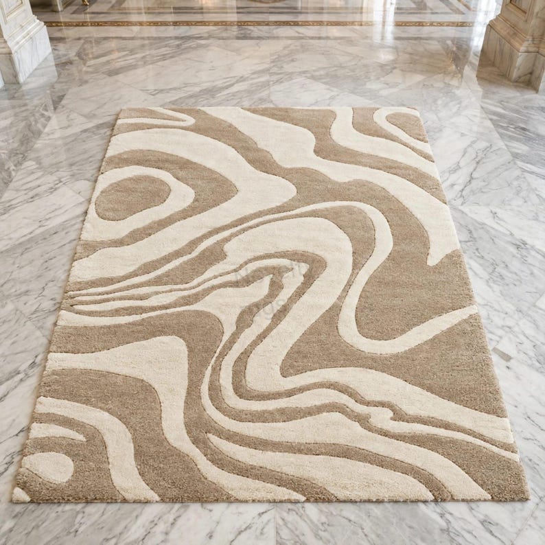 Modern Abstract Tufted Rug | Beige Cream Wave Area Rug | Organic Swirl ...