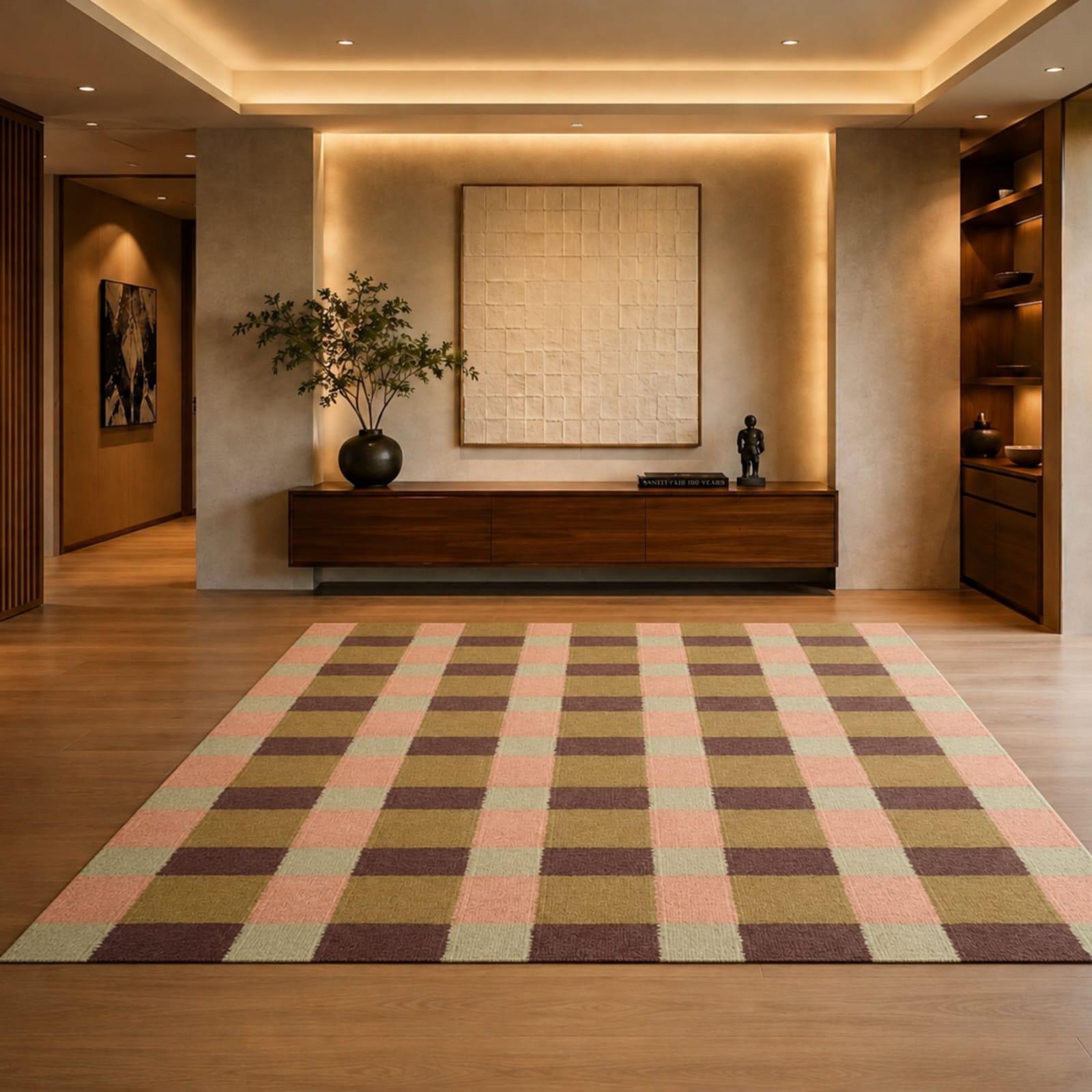 Handwoven Pink Maroon Gold Bauhaus Plaid Scandinavian Modern Minimalist Wool Flat Weave Area Rug