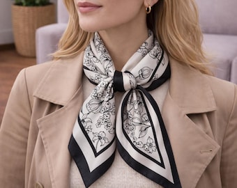 Schwarz-weißer Seidenschal für Frauen | Satin Kopftuch | Quadratischer Haarschal | Elegantes Halstuch | Französischer Stil | Chices Geschenk für sie