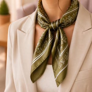 Olive Green Silk Scarf for Women - Floral Satin Head Scarf | Square Hair Scarf | Elegant Neck Scarf | Chic Bandana Style Wrap