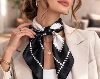 Schwarz Weißer Seidenschal für Frauen | Minimalistisches Satin Kopftuch | Quadratischer Haarschal | Französischer Stil Bandana | Elegantes Geschenk für Sie