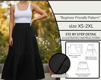 Tiered Maxi Skirt PDF Sewing Pattern, Elastic Waist Long Skirt Pattern, Beginner Friendly, XS-2XL Women Boho Skirt Digital Download