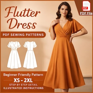 Op de afbeelding: Een oranje Flutter Dress PDF naaipatroon wordt getoond. De jurk heeft een V-hals en fladdermouwen. De afbeelding bevat illustraties van de jurk en de tekst "Beginner Friendly Pattern" en "XS - 2XL".