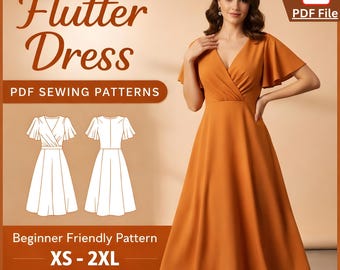 Flutter Sleeve Wrap Dress Sewing Pattern PDF – Beginner Friendly A-Line Midi Dress Pattern XS–2XL – DIY Women Dress