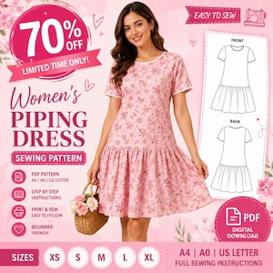 May include: A pink floral print dress with short sleeves and a drop waist, featuring white piping trim at the neckline and sleeves. The image includes text for a sewing pattern, including PDF, A4, A0, and US letter format options.