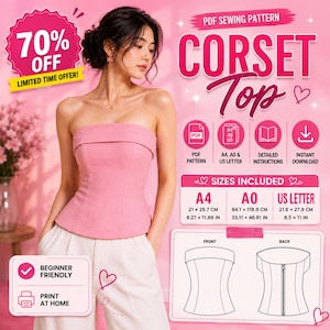 May include: A PDF sewing pattern for a strapless pink corset top. The image displays text including PDF SEWING PATTERN, CORSET TOP, and SIZES INCLUDED with A4 (21 x 29.7 cm, 8.27 x 11.69 in), A0 (84.1 x 118.9 cm, 33.11 x 46.81 in), and US LETTER (21.6 x 27.9 cm, 8.5 x 11 in) dimensions.