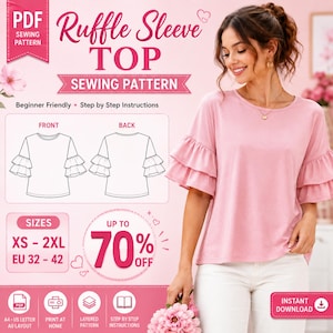 May include: A PDF sewing pattern for a ruffle sleeve top. The image displays a pink top with double-layered ruffled sleeves, a round neckline, and white pants. It includes front and back technical sketches, size range XS-2XL, and text labels.