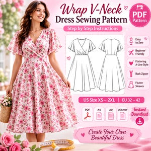 May include: A digital sewing pattern for a wrap V-neck dress with flutter sleeves and an A-line skirt. The image displays a floral dress, technical line drawings of the front and back, and text including Wrap V-Neck Dress Sewing Pattern, EU 32-42, and PDF.