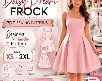 Daisy Dream Frock PDF Linen Midi Dress Sewing Pattern Square Neck Cottagecore Style (XS-XL) (Digital Download)