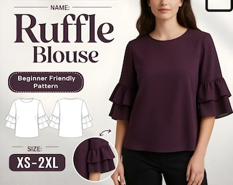 Ruffle Blouse Sewing Pattern PDF, Puff Sleeve Wrap Top, Off Shoulder Peasant Blouse, Size XS-2XL, Beginner Sewing Pattern,Flounce Sleeve Top