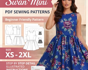 Swan Mini A-Line Mini Dress Sewing Pattern | Sleeveless | Easy Spring-Summer Dress |  Pdf Digital Instant Download | US,A4 and A0