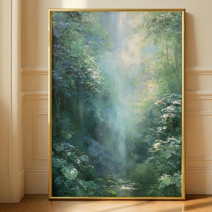 May include: A vertical rectangular wall art piece featuring an impressionistic oil painting of a lush, misty forest scene with dense green foliage, soft light filtering through the trees, and a golden frame surrounding the artwork.