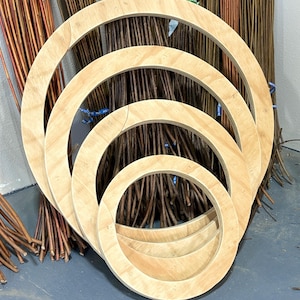 May include: Four unfinished wooden circular frames of varying sizes are stacked together. The frames are made of light-coloured plywood and have a smooth, natural finish. Bundles of brown and reddish-brown twigs are in the background.