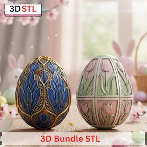 May include: Two decorative Easter egg designs. One egg is blue with gold filigree, the other is pink and green with tulip designs. The image includes the text "3D STL" and "3D Bundle STL".