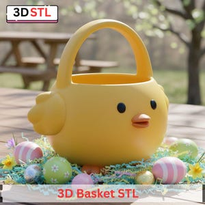 May include: A yellow chick-shaped basket with a handle, black eyes, and an orange beak. The basket is surrounded by Easter eggs in various colors and patterns, sitting on green and blue paper grass. The text "3D STL" and "3D Basket STL" are visible.