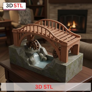 Rustik brovattenfallsscen STL | Miniatyrvattenkvarnlandskap | (3D-utskriftsfil)