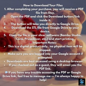 Puede incluir: Una gu&iacute;a de instrucciones digital titulada How to Download Your Files con pasos numerados para acceder a archivos STL mediante Google Drive y software de corte, con un fondo borroso de un oso de peluche y rosas rojas.