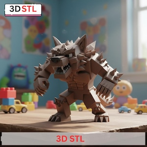 May include: A brown, stylized wolf-like creature with sharp teeth and spiky protrusions on its back and shoulders. The figure is posed in a dynamic stance. The text "3D STL" is displayed in a white box with a red border.