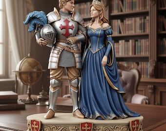 Puede incluir: Figura detallada de un caballero y una princesa. El caballero lleva una armadura plateada con una cruz roja, sosteniendo un casco con plumas azules. La princesa viste un vestido azul con detalles dorados y una corona.