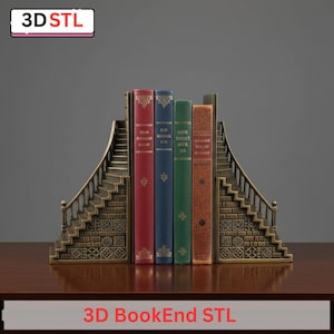 Peut inclure: Des serre-livres de couleur bronze avec un motif d'escalier soutenant une rangée de livres colorés. Les serre-livres présentent des détails complexes et le texte "3D BookEnd STL" est visible en bas.