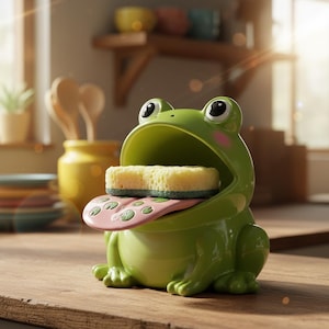May include: A whimsical green frog-shaped sponge holder with a pink tongue. The frog's mouth holds a yellow and green sponge. The holder is made of ceramic and sits on a wooden surface. The frog has large black eyes and pink cheeks.
