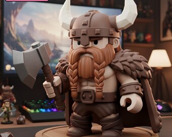 Puede incluir: Figura de guerrero impresa en 3D con casco marrón, cuernos blancos y larga barba naranja trenzada. La figura sostiene un hacha gris y lleva una capa marrón. La base dice "3D Warrior STL."