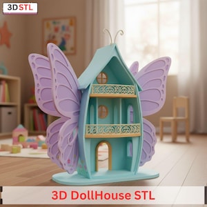 May include: A butterfly-shaped dollhouse in pastel shades of blue and lavender. The two-storey structure features decorative balconies and a curved roof. The base is light blue, and the text "3D DollHouse STL" is at the bottom.