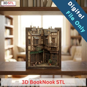 May include: A 3D book nook model featuring a detailed miniature street corner with timber-framed buildings, a sign reading The Curiosity Shop, a small balcony, and a potted plant. The digital file is designed for 3D printing as a decorative insert.
