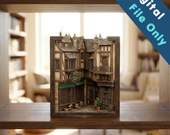 May include: A 3D book nook model featuring a detailed miniature street corner with timber-framed buildings, a sign reading The Curiosity Shop, a small balcony, and a potted plant. The digital file is designed for 3D printing as a decorative insert.