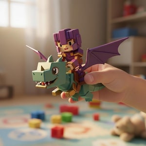 Puede incluir: Un dragón de juguete verde y dorado con alas moradas y un jinete con armadura morada. El juguete se sostiene en una mano, con una alfombra de juego colorida y otros juguetes en el fondo. El dragón tiene una cara sonriente.