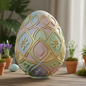May include: A large, pastel-coloured decorative Easter egg with a geometric design and floral accents. The egg is surrounded by potted plants, Easter eggs, and small rabbit figurines, creating a festive spring scene.
