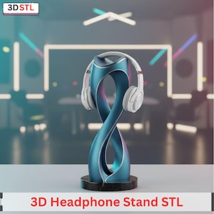 May include: A teal 3D-printed headphone stand with a twisted design, holding a pair of white headphones. The stand has a black marble base and the text "3D Headphone Stand STL". The logo "3D STL" is in the top left corner.